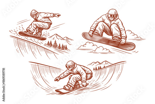 Snowboarders riding and jumping on mountain slopes. Winter extreme sports and outdoor adventure concept. Vector illustration.