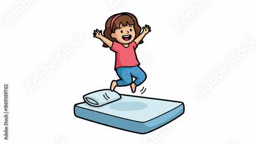 Joyful child leaping mid-air above a light blue mattress and pillow