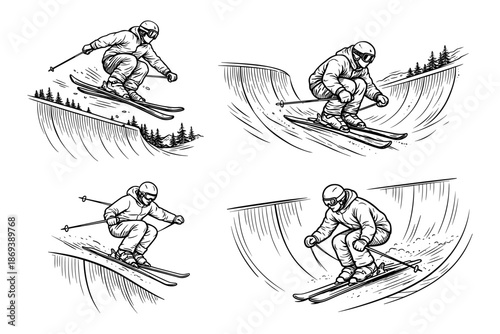 Freestyle skiers riding and jumping on mountain slopes. Winter extreme sports, action and adventure concept. Vector illustration.