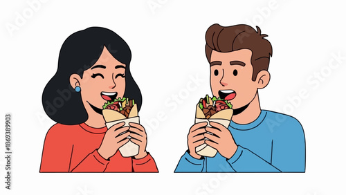 Joyful couple enjoys delicious wraps, sharing a delightful meal together