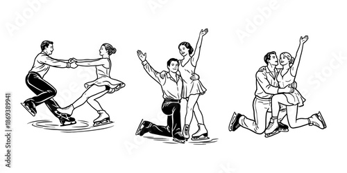 Figure skating pairs performing synchronized dance and poses on ice. Elegant winter sport showcasing partnership, balance, and artistic expression. Vector illustration.