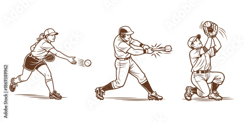 Baseball and softball players in action: pitcher throwing, batter hitting, and fielder catching. Team sport with skill, precision, and athleticism. Vector illustration.