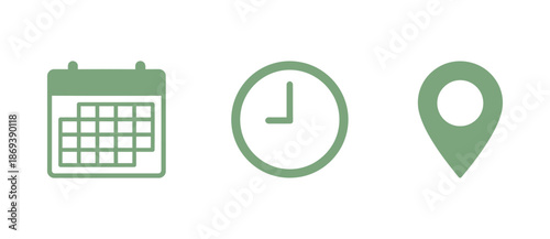 Date, Time, Address, and Notification icon set. Calendar, address, location pointer, and alarm bell icons