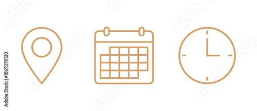 Date, Time, Address, and Notification icon set. Calendar, address, location pointer, and alarm bell icons