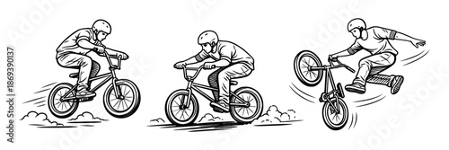 Illustration of BMX riders performing stunts and racing maneuvers. Vector illustration in vintage hand drawn outline style