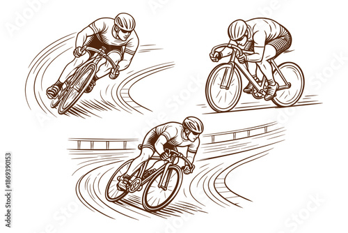Illustration of cyclists competing in a track cycling race. Vector illustration in vintage hand drawn outline style
