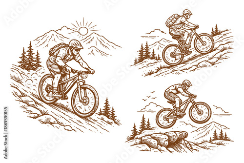 Illustration of mountain biking in rugged outdoor terrain. Vector illustration in vintage hand drawn outline style