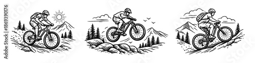 Black and white illustration of mountain biking in a scenic alpine environment. The artwork shows three riders in action: descending a rocky trail, jumping over boulders, and climbing uphill