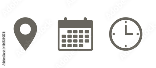 Date, Time, Address, and Notification icon set. Calendar, address, location pointer, and alarm bell icons