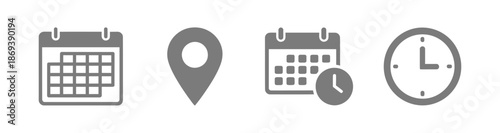 Date, Time, Address, and Notification icon set. Calendar, address, location pointer, and alarm bell icons