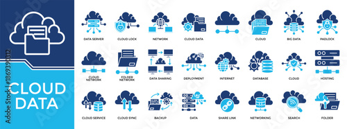 Cloud data icon set collection. Containing share, database, server, collaboration, communicate, computing, report .Solid vector icons collection
