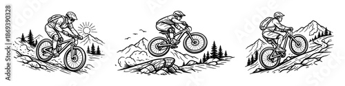 Black and white illustration of a mountain biker in three dynamic scenes: descending a rocky trail, jumping off a ledge, and riding uphill. Vector illustration in vintage hand drawn outline style