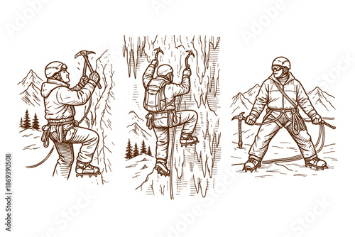 Illustration depicting a mountaineer engaged in ice climbing