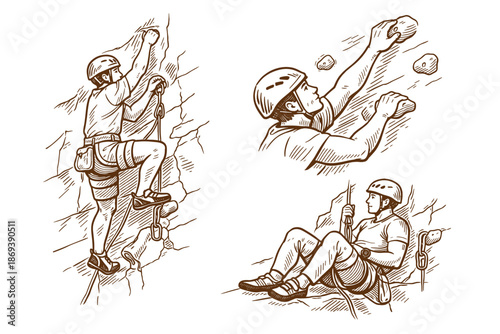 Illustration showcasing different scenes of a man engaged in rock climbing. 