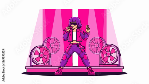 Energetic singer performing on stage with fans and spotlights in a pixelated style