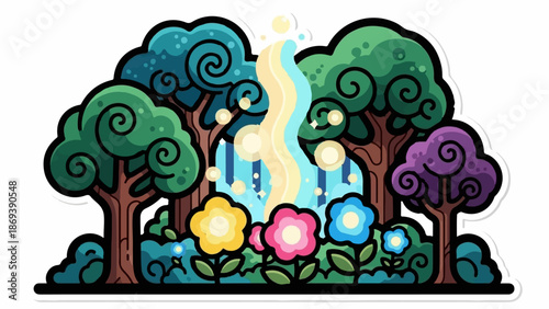 Enchanted forest with colorful flowers, stylized trees, and a shimmering waterfall