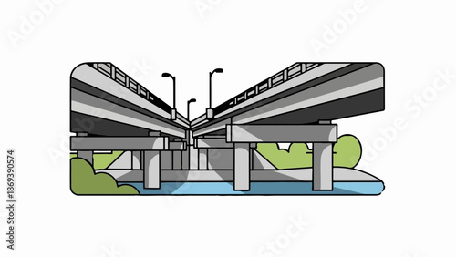 Elevated highway structure with supporting columns, streetlights, and green foliage beside water