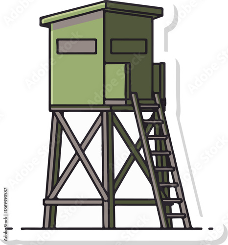 Elevated green hunting blind with ladder on wooden stilts