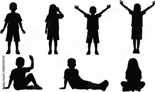 Children silhouette poses, boys and girls standing sitting raising arms, playful childhood gestures concept, isolated black vector illustration, design, set