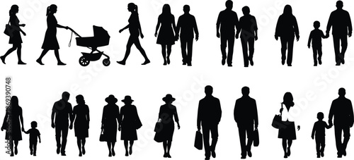 Silhouette people walking standing in groups, couples, families, stroller, urban crowd, social interaction, black vector icons set