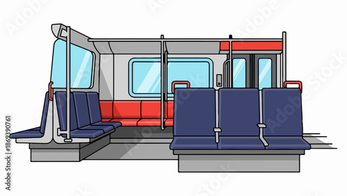 Inside view of a modern public transport carriage with blue and red seating