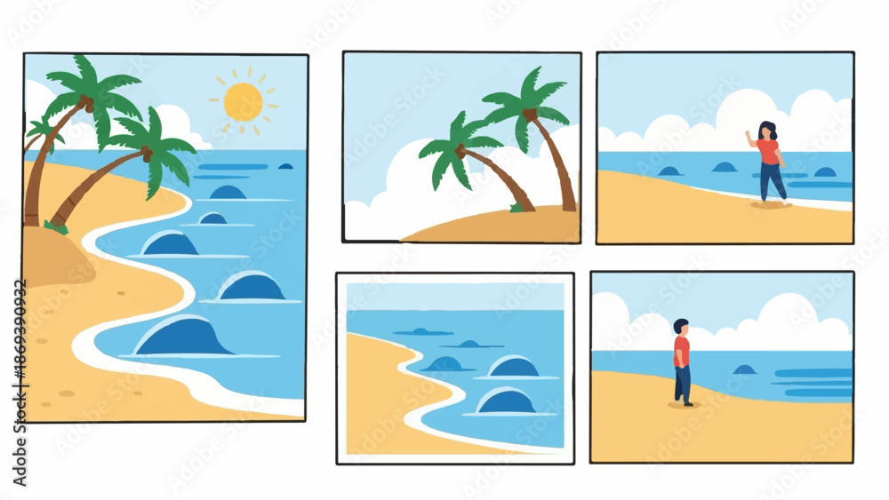 Obraz premium Five cartoon panels depict a tropical beach scene with palm trees, ocean waves, and people