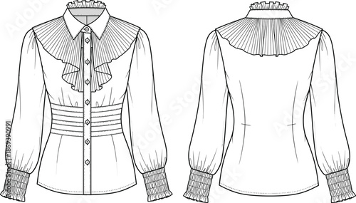 Women's blouse sketch, fashion technical drawing, pleated sleeve design, ruffled collar template, garment construction outline, apparel vector illustration