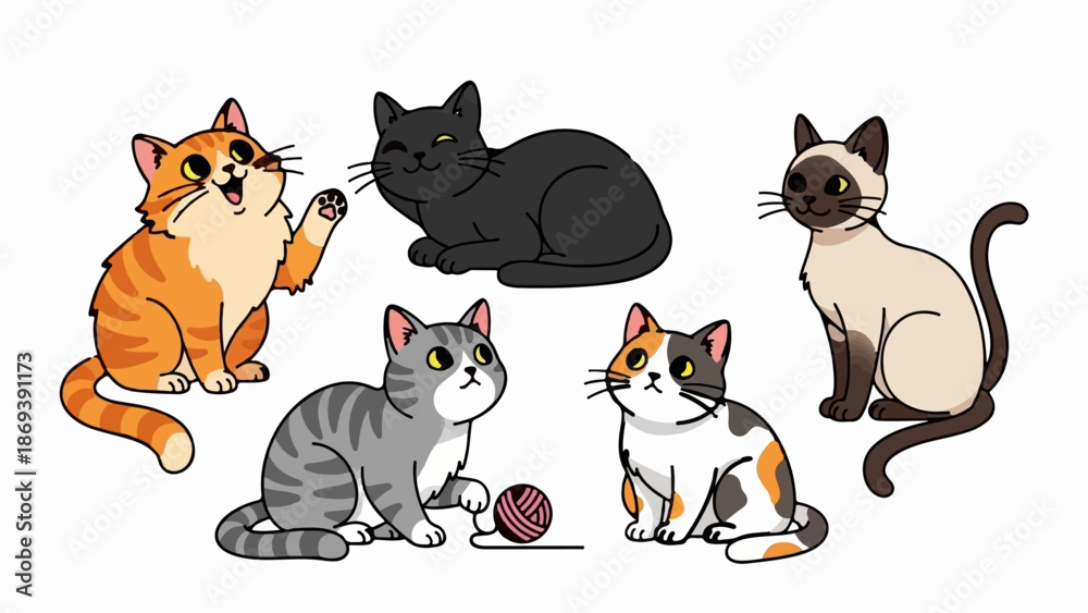 Fototapeta premium Five cute cartoon cats of different breeds and colors, some sitting, one waving