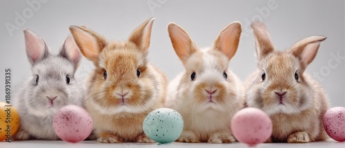 Adorable easter bunny rabbits with pastel eggs on clean background, cute easter greeting concept.