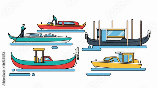 Flat design illustration of various boats and gondolas with people
