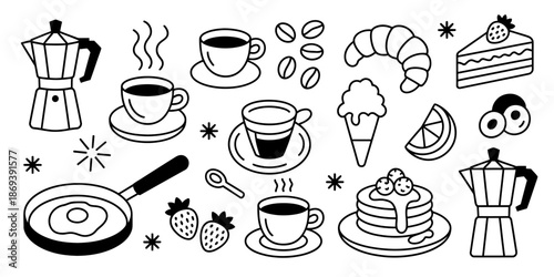 A black and white illustration of various breakfast foods and coffee cups on a white background