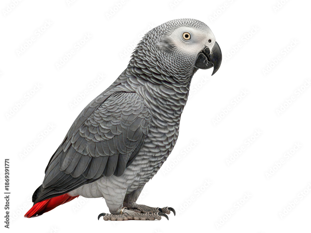 Fototapeta premium African grey parrot standing on a perch isolated on transparent background