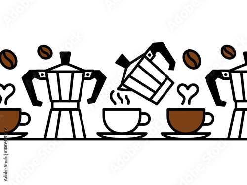 A minimalist illustration of coffee makers and cups with steam and coffee beans