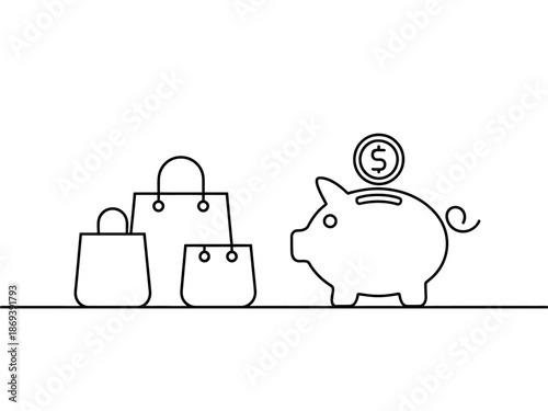 A simple line drawing of a piggy bank with a coin and shopping bags