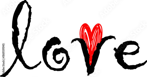 Handwritten calligraphy word love with red heart symbol