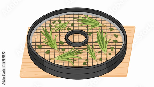 Green herbs and dried leaves on a dehydrator tray on a wooden surface