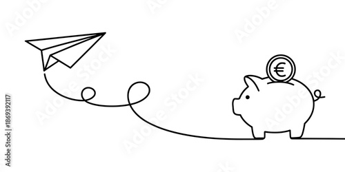 A simple line drawing of a piggy bank with a paper airplane and a euro coin, symbolizing saving and financial growth.