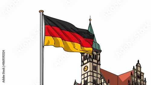 German flag waves proudly before a clock tower and ornate building