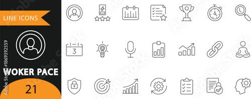 A clean vector set of 21 work pace line icons featuring productivity, time management, performance tracking, goals, and efficiency symbols. Ideal for business presentations, productivity infographics,