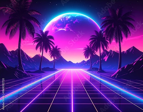 Glowing neon landscape featuring palm trees, mountains, and a large orb