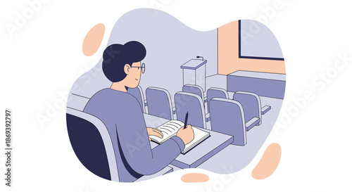 Man Sitting Alone in Classroom Studying.