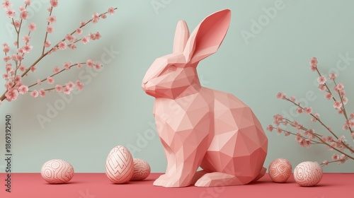 Geometric Easter bunny illustration with pastel eggs and spring blossom branches.