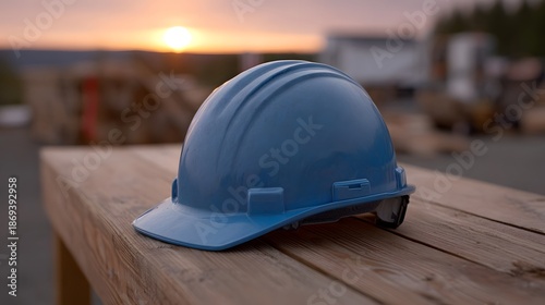 A blue hard hat sits on a weathered wooden table symbolizing safety and rest at the end of a workday against a beautiful sunset backdrop