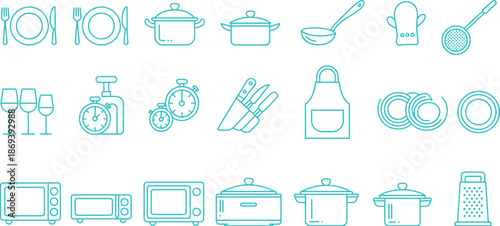 Black and white kitchen utensil and cookware icon set with plates pots appliances, minimalist line art vector collection