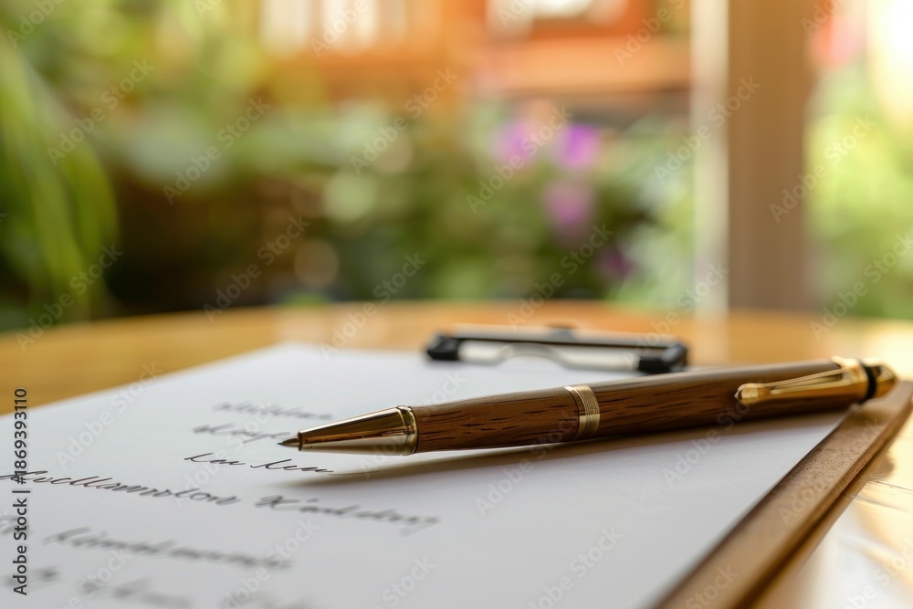 Naklejka premium Pen resting on a handwritten document with blurred green background and natural light