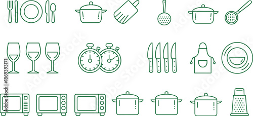 Black and white kitchen utensil and cookware icon set with plates pots appliances, minimalist line art vector collection