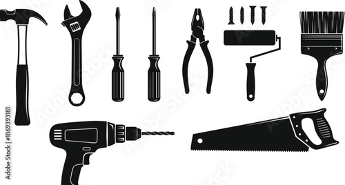 Silhouette vector of construction tools, hand tools, hardware items for repair, DIY, carpentry, painting, mechanical work and home improvement.
