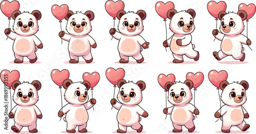 Adorable cartoon pandas holding heart shaped balloons in various playful poses on white background