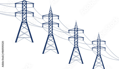 Electric power transmission towers illustration, high voltage pylons with overhead cables, energy grid infrastructure, industrial electricity distribution system