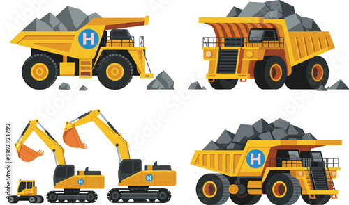 Heavy mining machinery illustration set, dump trucks and excavator, construction vehicles, quarry equipment, industrial transport, flat vector design